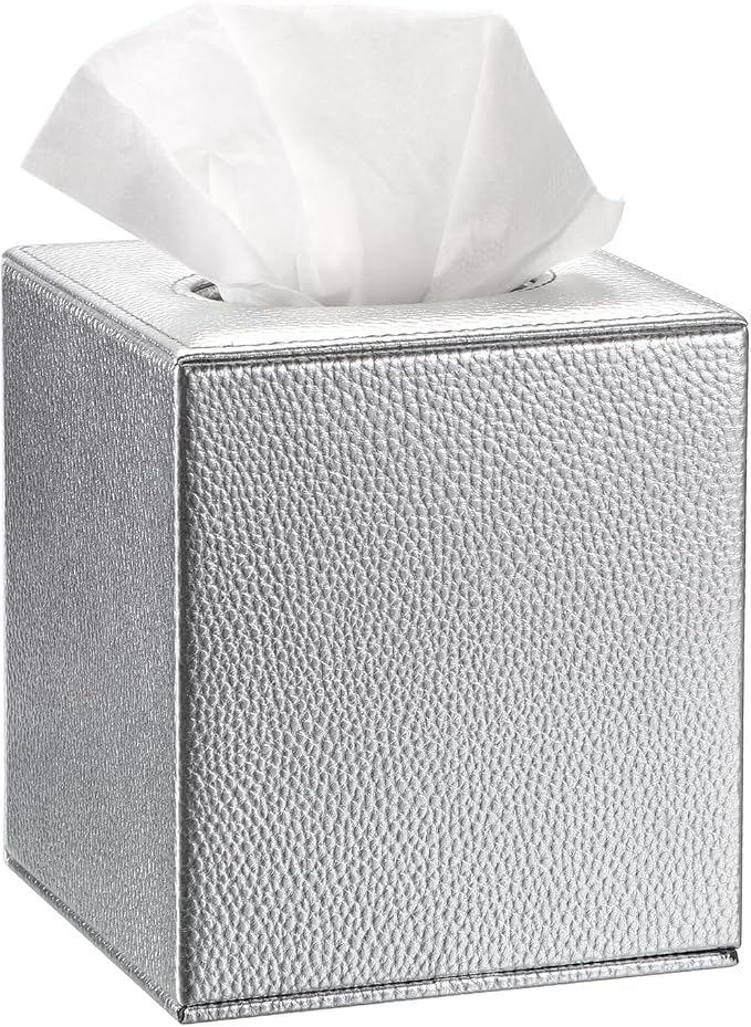 Sumnacon Tissue Box Cover Square,Magnetic Bottom Tissue Box Holder,Silver | Cube PU Leather Tissue Cover with Lychee Pattern,Decorative Tissue Box Covers for Living Room Bathroom Table Desk Office Car by Sumnacon