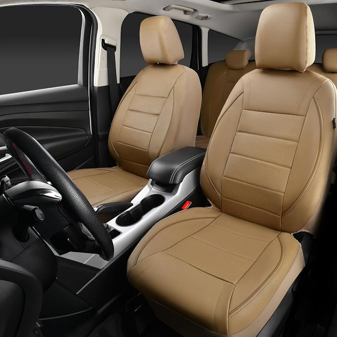 CAR PASS Piping Leather Seat Cover,Universal FIT with Composite Sponge Inside,Airbag Compatible and Reserved Opening Holes,Inside zipper for Cars,Sedan,SUV,Truck(Full Set,Beige with Tan Piping-Stripe) - Image 2