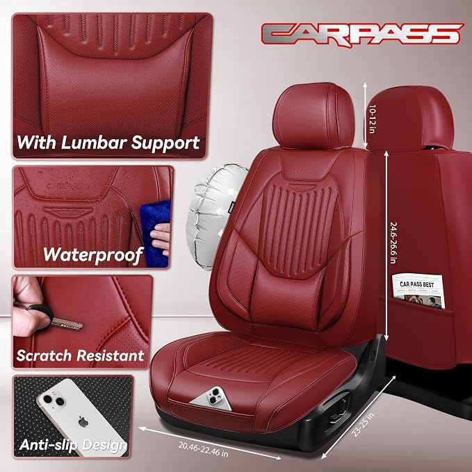 CAR PASS Luxury Nappa Leather Car Seat Covers Full Set, Lumbar Support Seat Covers for Car 5 Seats, Waterproof Car Seat Protector, Automotive Seat Covers Universal Fit for Sedans SUV Trucks Burgundy - Image 3