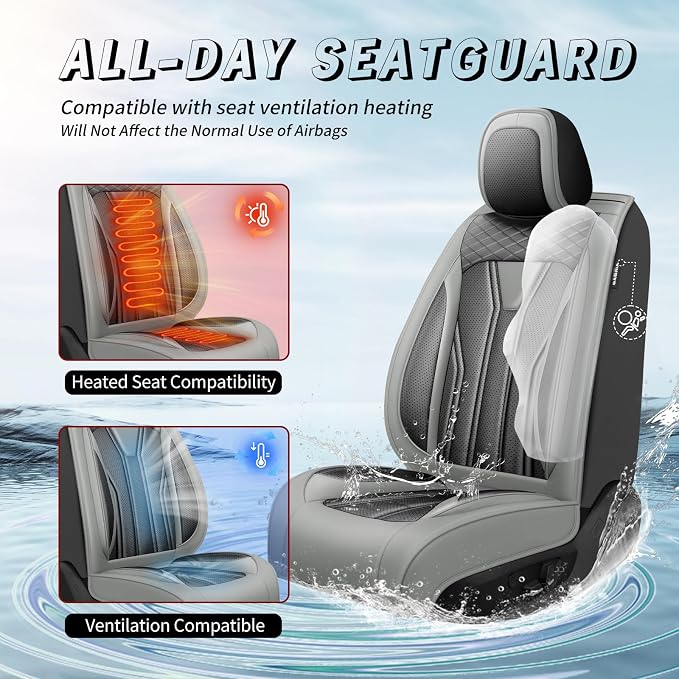 Fit Avalon Premium Leather Car Seat Covers for Toyota Avalon 2001-2021 2022 - Waterproof，Breathable，All-Weather Seat Cushion Protecto & Airbag Compatible, Full Set Gray&Black - Image 4