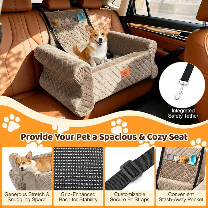 Dog Car Seat for Medium/Large Dogs up to 60LBS Memory Foam Dog Booster Seat | with Thick Cushion, Pet Car Seat for Back with Detachable Washable Cover, Storage Pockets for SUV, Pick Up, Trunk, Khaki - Image 3