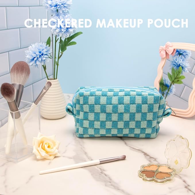 Checkered Makeup Bag for Purse, Small Cosmetic Pouch,Lake Blue,2 Pack | Cute Zipper Makeup Organizer for Women, Travel Essentials, Toiletries, Makeup Brushes, Beauty Accessories&Bridesmaid Gifts - Image 7
