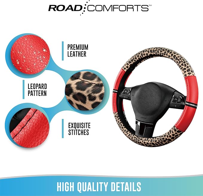 Road Comforts Leopard Steering Wheel Cover for Women, Cute Anti-Slip Microfiber Leather, Universal Fit 14.5-15 Inch Round Steering Wheel - Red - Image 7