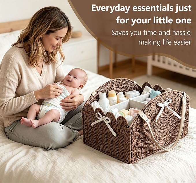 Diaper Caddy Foldable Collapsible Storage Basket Textured Woven Nursery Organizer with Removable Divider Portable for Changing Table Car Travel Baby Registry Essentials (Brown) - Image 4