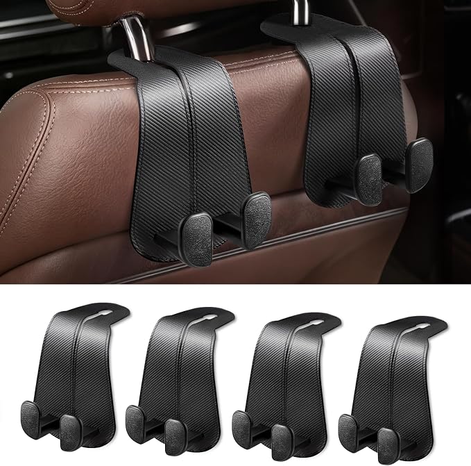 CoBak Extra Wide Car Seat Back Hooks, Premium Stitched Leather Headrest Hangers with Wide Slot Structure, Universal for Any-Width Purses, Handbags, Bags (4 Pack), Carbon Fiber Black by PopulartabletcasebrandWegivepeoplethebestdesignofprotectingvariouselectronicdevices