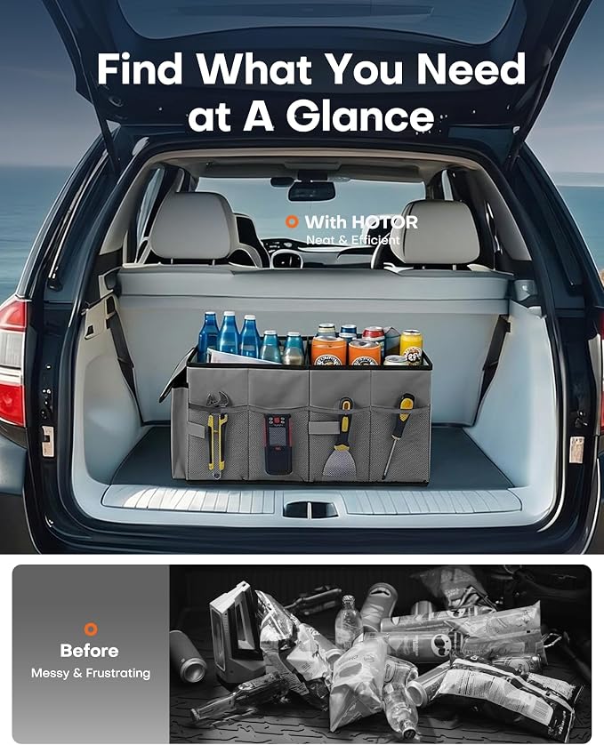 HOTOR Trunk Organizer - Foldable Car Organizer for SUVs & Sedans Storage | Sturdy Car Organization for Men & Women, Car Accessories, Tools, Sundries, Grey, 2 Compartments, 21.3" x 12.6" x 10.6" - Image 6