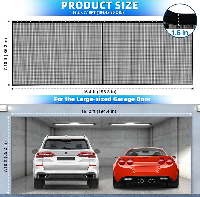Sliding Garage Door Screen 2 Car with Track Closure 16x7Ft Retractable | Retractable Privacy Curtain Keep Annoying Animals Out Easy Install Heavy Duty Fiberglass Mesh Net for 2 Car Garage B1 - Image 3
