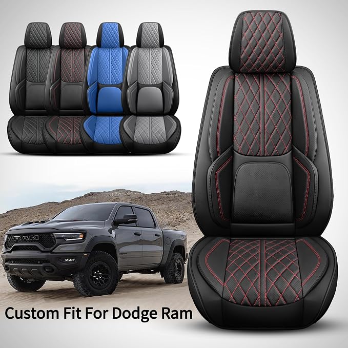 Car Seat Cover Custom Fit for Dodge Ram 1500 2500 3500 2002-2026 Faux Leather Seat Cover Set Compatible with Crew Quad Regular Cab Pickup Truck Cushions (Black & Blue, Front Seat) - Image 2