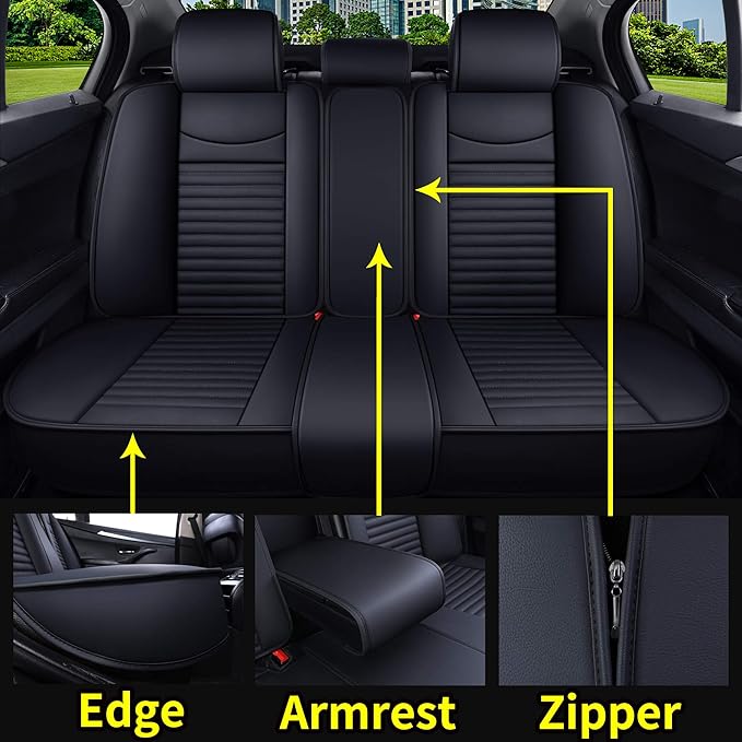 5 Car Seat Covers Full Set Waterproof Leather, Black | Compatible with Nissan Honda Civic CRV Hrv Kia Sorento Toyota Corolla 4Runner Camry Hyundai Jeep Ford Focus Edge Mazda - Image 5