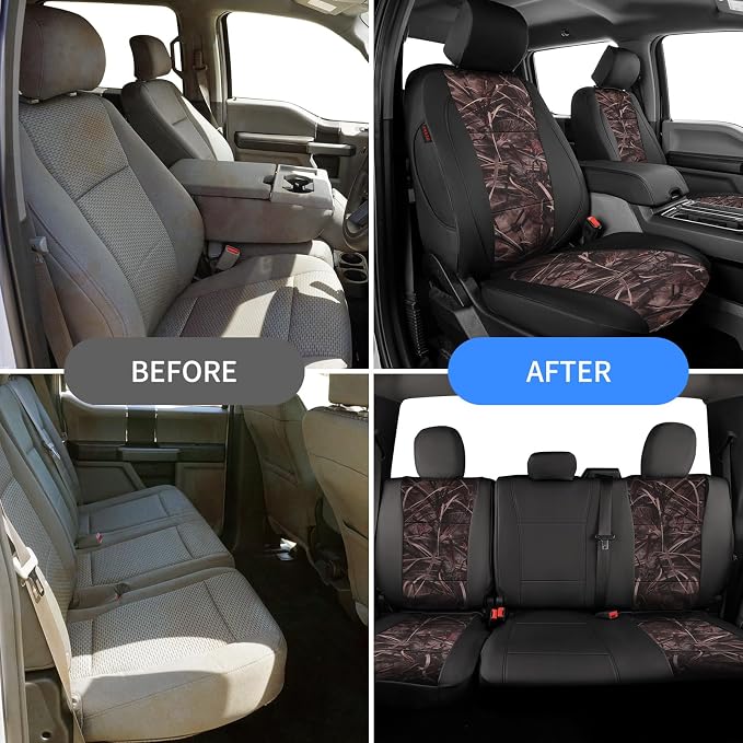 EKR F150 Seat Covers for (4 Door,SuperCrew) 2015-2020 Ford F150 XL/XLT & (CrewCab) 2017-2022 F250/F350/F450 SuperDuty XL/XLT Full Set-Faux Leather(Black/Reed Camo) - Image 6