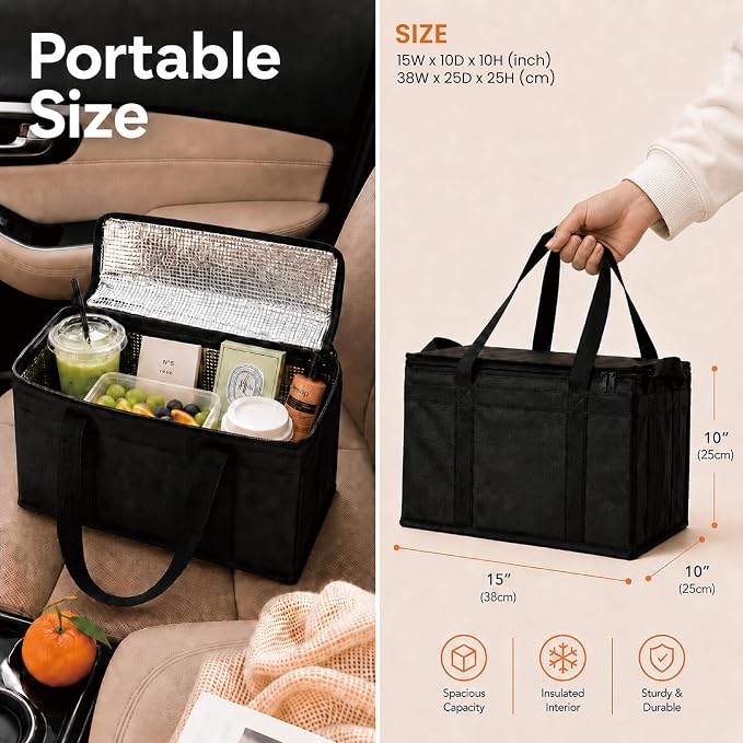 NZ home Insulated Food Bag, Portable Cooler Tote (Large, Black, 1 Pack) | Thermal bag, For cold and hot food, Soft sided cooler, Heavy duty 5-layered tote, Grocery shopping, Beach or travel bag - Image 5