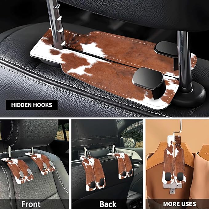 Car Seat Headrest Hook, Universal Leather Cute Hanger Holder Hook, Storage Organizer Interior Accessories for Purse Bags Handbag Brown White Cowhide - Image 3