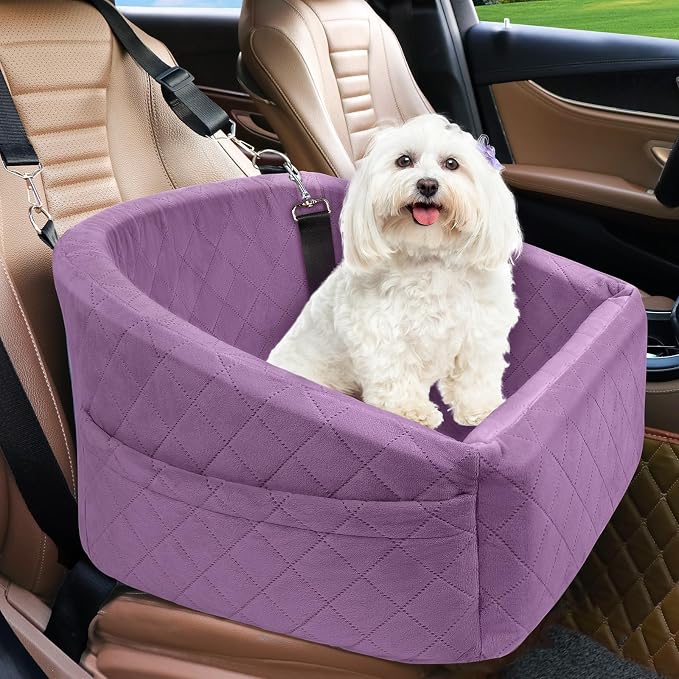 NEEZUKAR Dog Car Seat for Small Medium Dogs,Detachable Washable Dog Booster Seat Under 30lbs, Pet Car Seats Travel Bed with Storage Pockets and Safety Belt (Purple) by NEEZUKAR
