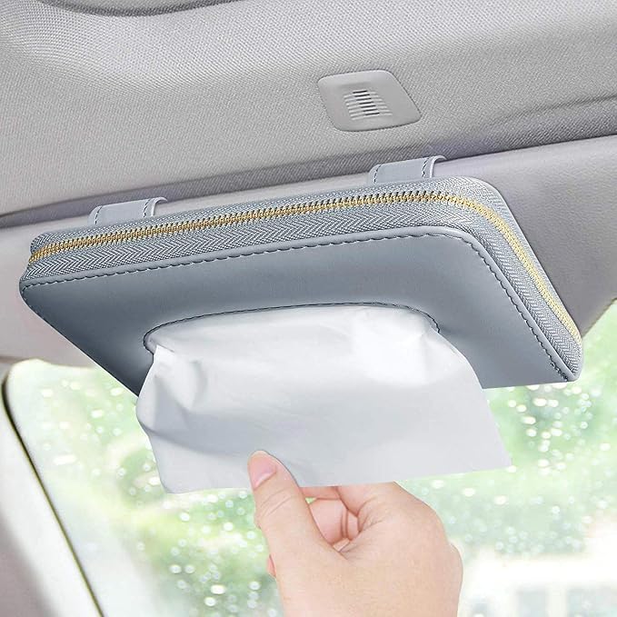 Car Visor Tissue Holder, Zipper Sun Visor Tissue Box for Car & Boat, Gray | Car accessory keep interior tidy, travel-friendly, installs on car visors fast, quick reload, fits Boat trucks SUVs by Carstuus
