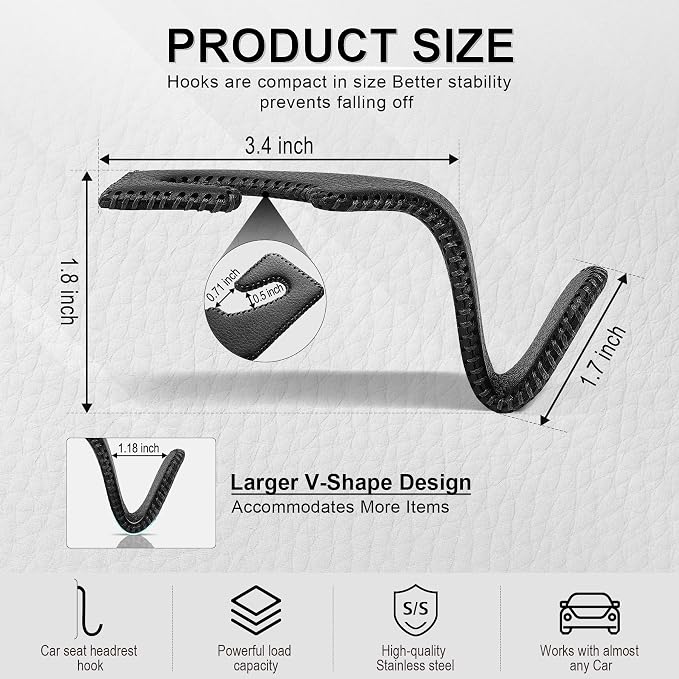 LivTee Black Superior Leather Car Seat Back Headrest Hook, Auto Seat Hook Hangers Interior Accessories for Purse Coats Umbrellas Grocery Bags Handbag, 2-Pack - Image 3