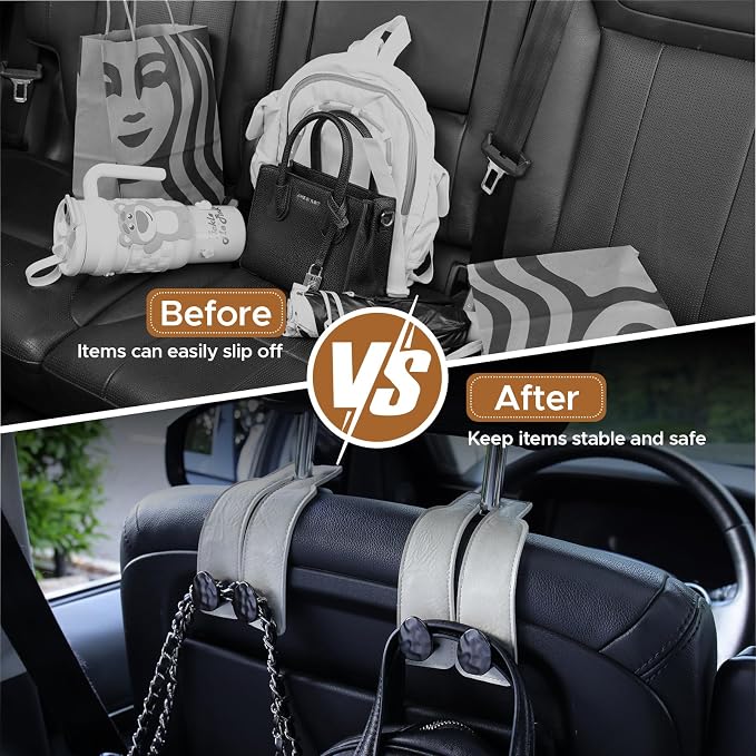Leather Car Purse Hook for Headrest, 4 Pack, White-Black | Twin Hooks Headrest Hangers, 2/4 Pack, No-Slip, Scratch-Proof, Holds Purses, Backpacks, Grocery Bags, Car Organizer Gift - Image 5