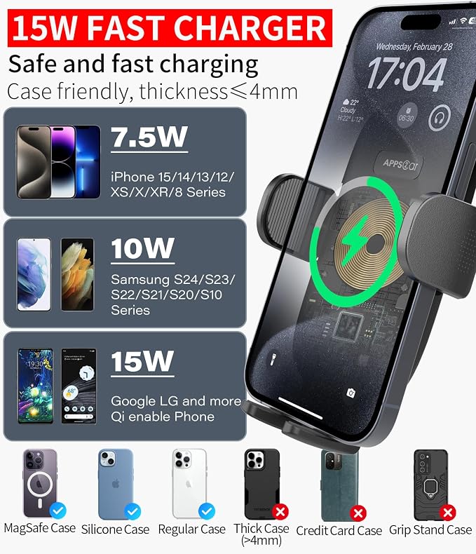 APPS2Car 15W Qi Wireless Car Charger Solid Cup Holder Mount, Adjustable Long Arm & 360° Rotation, Fits 3"–4" Round Cup Holders, Works with Cases ≤ 4 mm (No Metal Attachments) - Image 6