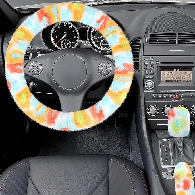 Accmor Fuzzy Car Steering Wheel Cover, Universal Fluffy Auto Wheel Cover & Handbrake Cover & Gear Shift Cover Set, Soft Warm Steering Wheel Protector Car Accessories for Men Women Girls, Colorful - Image 3