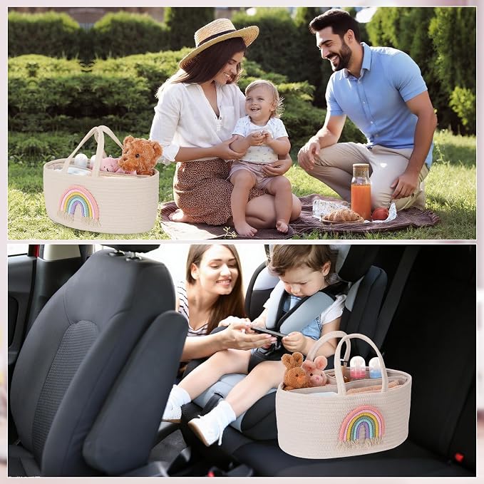 Aliceset Large Baby Diaper Caddy for Girl Boy Rope Nursery Storage Bin Basket Portable Holder Tote Bag for Changing Table Car Travel Baby Shower Gifts Newborn Essentials Registry Must Have(Rainbow) - Image 5
