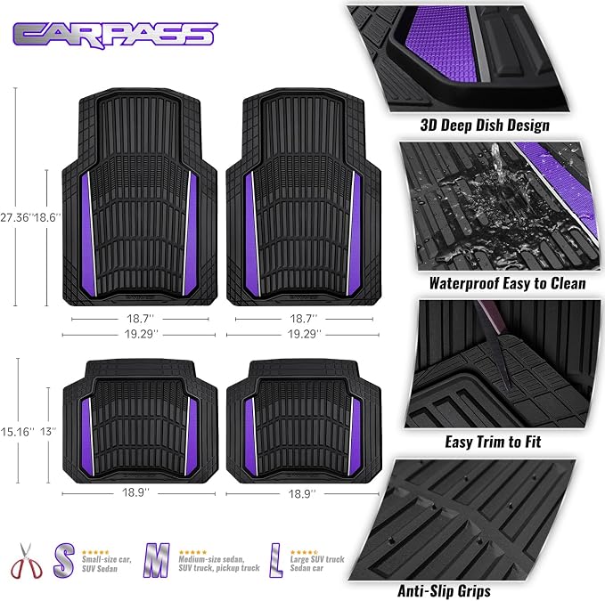 CAR PASS Heavy Rubber Car Floor Mats, Deep Waterproof Car Floor Mats All Weather, Aluminum Film Universal Trim to Fit for Cars SUV Trucks Sedans, Anti-Slip, Black Purple Metallic - Image 3