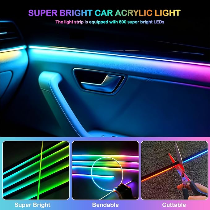 Interior Car LED Strip Lights with Wireless APP, Ambient Lighting Kits with Dynamic Dreamcolor Chasing, 16 Million Colors Acrylic LED Lights for Car, Sound Active Function Car Neon Lights (6 in 1) - Image 3