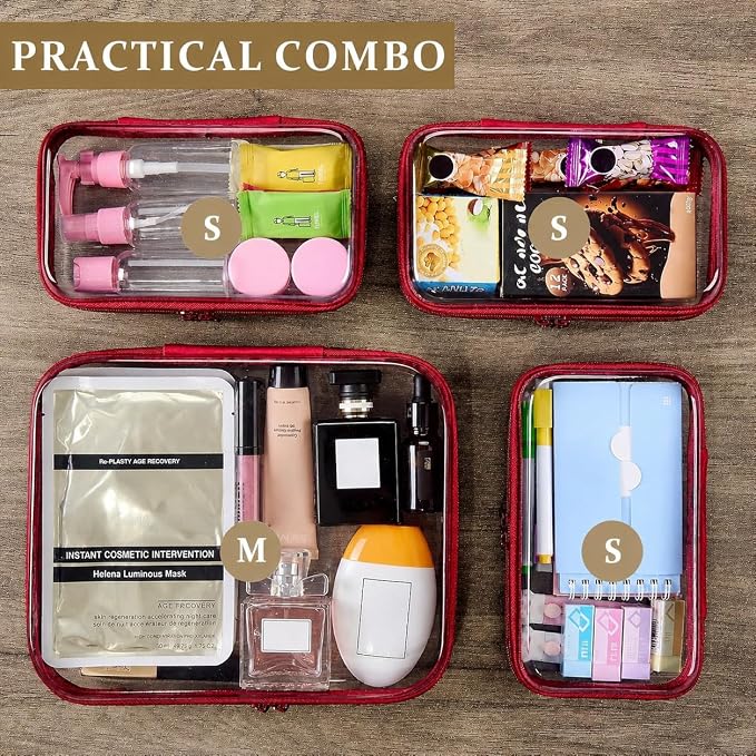 3-PCS Medium Clear Hard Shell Zipper Pouches, Clear Zipper Bags | Toiletry Bag for Travel, CLear Diaper Bag, Toiletry Pouch, Travel Organizer, Cosmetic Bag,Toy Storage Bins (M+3S) (Burgundy) - Image 6