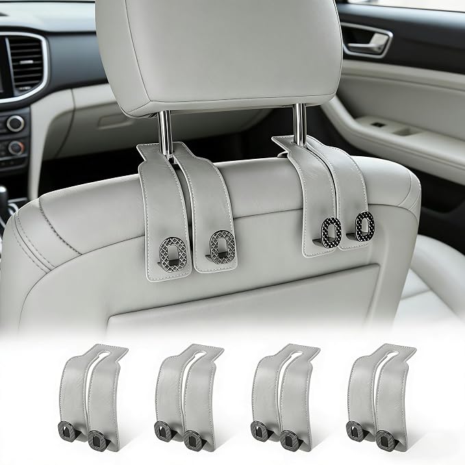 Car Headrest Hooks Universal Car Purse Hook Premium Leather and Alloy Twin Hook Car Seat Back Storage Hanger Hook for Purse Bags Cloth Drink Durable Holder Car Accessories (BH09-Grey-Black-4 Pack) by GELVTIC