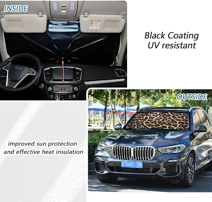 Leopard Print Windshield Sun Shade Umbrella Foldable Animal Car Front Window Sunshade Blocks UV Rays Heat Keep Vehicle Cool (55" x 27.5") - Image 3