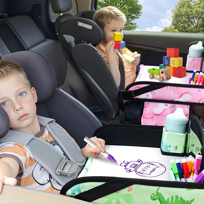 Kids Travel Tray for Toddler Car Seat, Road Trip Activities for Kid | Toddler Car Activities with iPad Holder Stand, Roadtrip Essentials with Dry Erase Board & Cooler Cup Holder, 2PC - Image 2