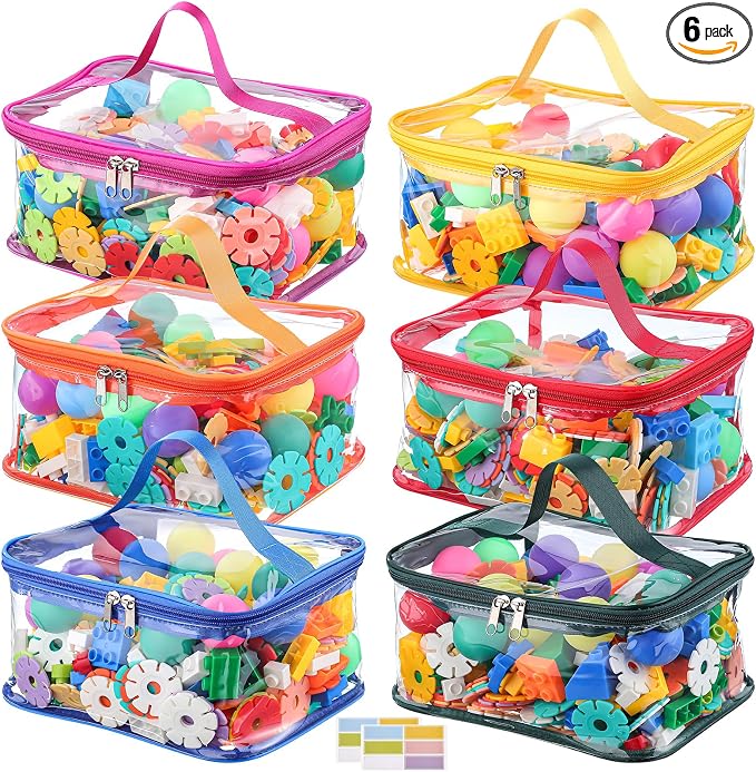 6 Pack Clear Toy Storage Bags, PVC Waterproof Toy Organizer, Colorful | Waterproof PVC, Transparent View, Reusable Zip Bags, Label Tags, for Blocks, Puzzles, Board Games, Travel and Home Storage by Dntorx