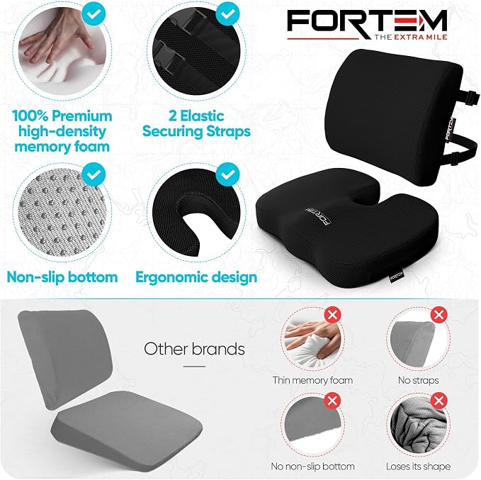 FORTEM Seat Cushion & Lumbar Support for Office Chair, Wheelchair, Car | Memory Foam | Ergonomic Design | Washable Cover | Non Slip | Black - Image 7
