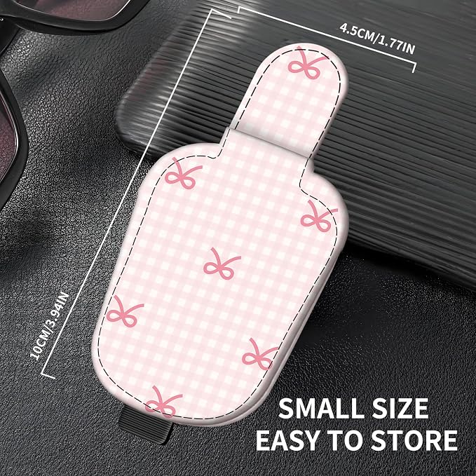 Leather Magnetic Sunglass Holder for Car Sun Visor, Cute Eyeglass Ticket Card Hanger Clip, Universal Auto Interior Accessories for SUV Pickup Truck, Pink Gingham Bow - Image 4
