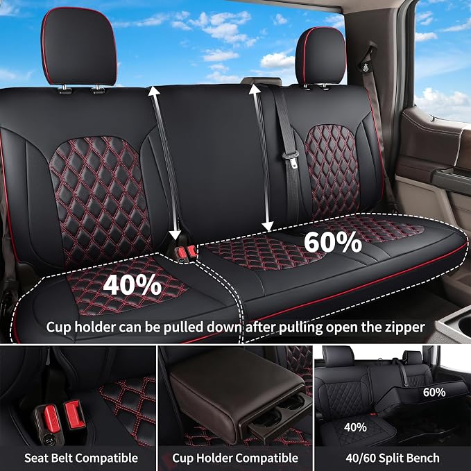 Huidasource F150 Rear Seat Covers, Split Back Leather Seat Cushion Cover Fit for 2015-2026 Ford F150 SuperCrew & 2017-2026 F250 F350 F450 Super Duty Crew Cab Pickup Truck (Back Row/Black&Red) - Image 3