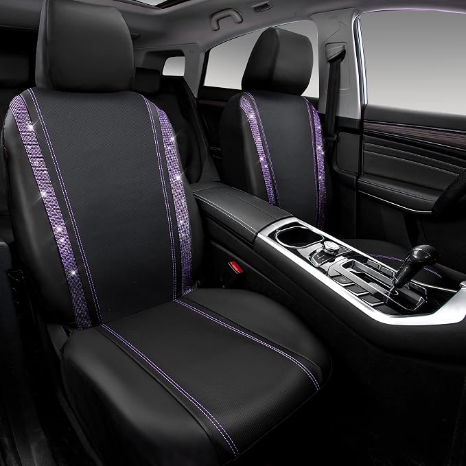CAR PASS Leather Diamond Bling Car Seat Cover 2 Front Interior Sets, Waterproof Universal Shining Glitter Crystal Sparkle Fit for 95% Automotive Truck SUV Cute Women Girl, Black Purple Rhinestone - Image 6