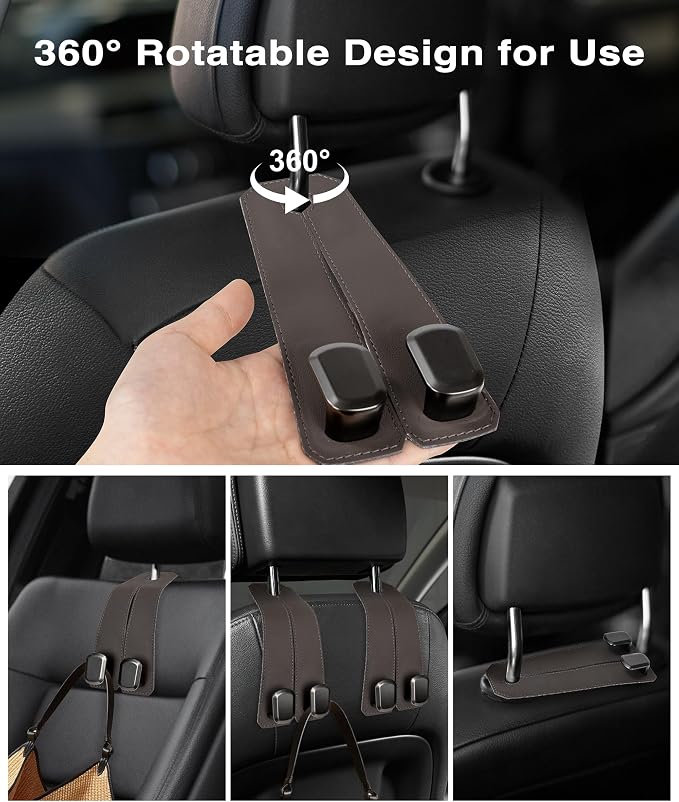Car Hooks for Purses, 4PCS Car Purse Holder Hook Luxurious Leather 100% Metal Car Hooks for Headrest Multifunctional Car Hangers for Seat Car Seat Back Storage Hook Accessories (Brown) - Image 4