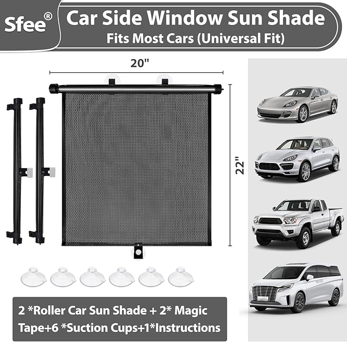 Sfee Car Window Shades for Baby-2 Pack Retractable Side Window Car Sun Shade Blocks UV Rays & Heat for Sun Protection Roller Sunshade Visor Window Shade for Kids,Passengers,Pets (20''x22'') - Image 3