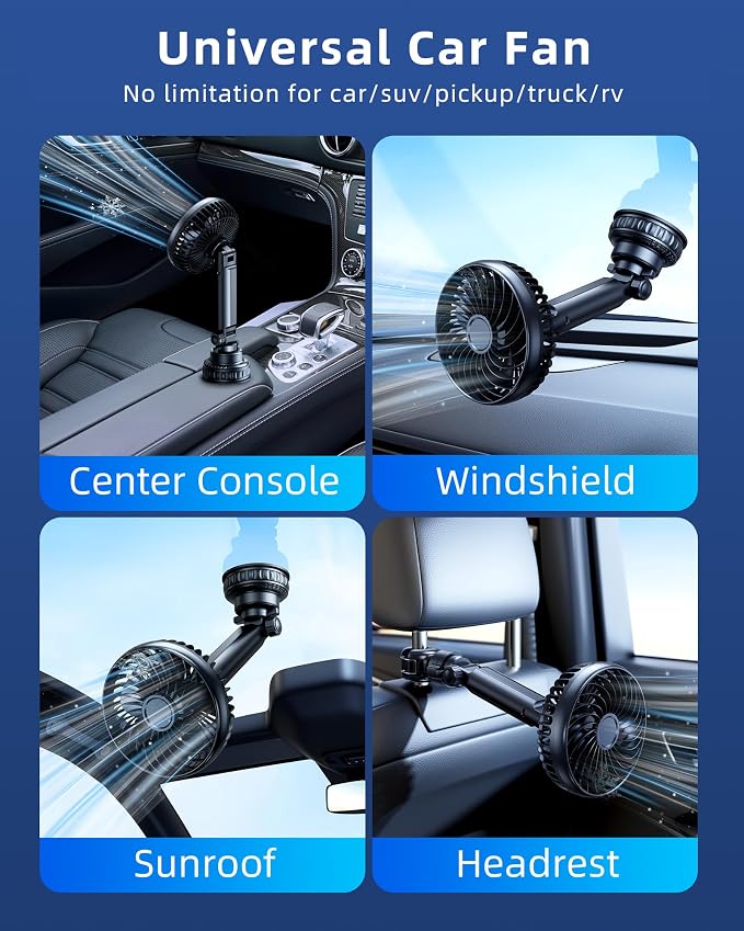 3-in-1 5000mAh Rechargeable Fan for Car Window Headrest Handheld | Quick-Release System, Small Portable Suction Cup Fan for Car SUV Pickup Truck RV Golf Cart Wall, Quiet, Rotatable, 3 Speeds - Image 6