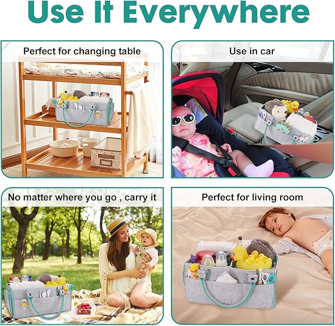 XUANGUO Large Baby Diaper Caddy Organizer, Felt Basket with Handles, Green | Nursery storage bin with dividers; portable tote bag for baby stuff, changing table or car, baby shower and registry gifts. - Image 5