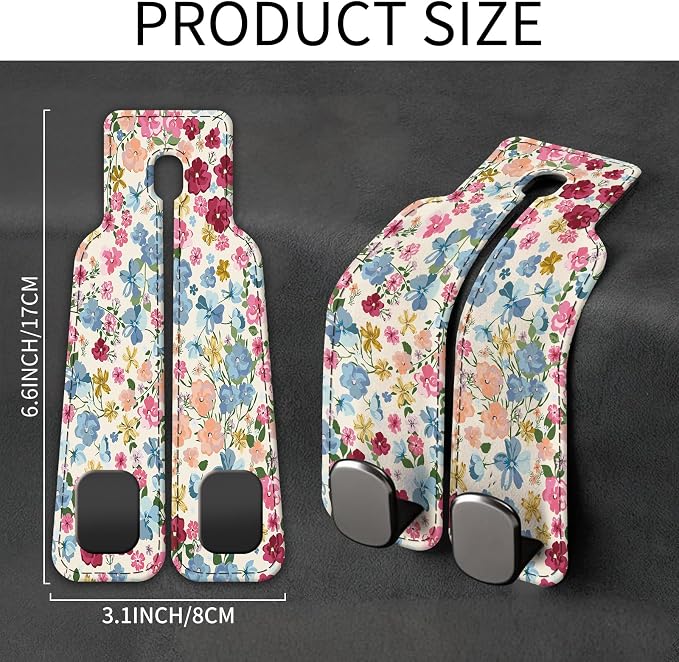 Car Seat Back Storage Headrest Hook, Premium Leather Double Metal Hook, Hanger Storage Organizer for Purse Cloth Bag, Car Interior Accessories Colorful Boho Flowers - Image 5