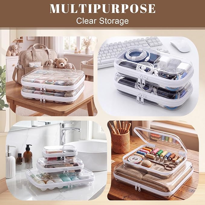 15 Pack Clear Hard Shell Zipper Case with 40 Labels, X-Large/Medium/Small Stackable Clear Pouches, Crush-resistant Travel Toiletry Bag Organizer for Makeup Board Games Electronics (White) - Image 4