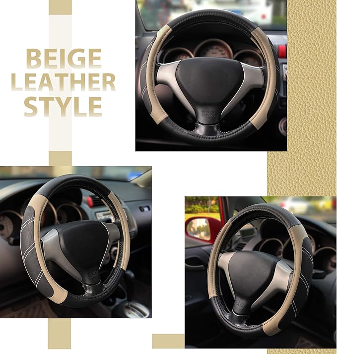 Elantrip Steering Wheel Cover Leather 15 1/2 to 16 inch Universal Large Soft Grip Breathable for Car Truck SUV Jeep Anti Slip Beige - Image 4