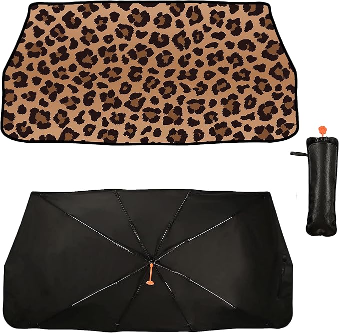 Socira Leopard Print Car Windshield Sunshade Umbrella, 57" x 30" | Blocks UV Rays Keeps Car Cool Foldable Compatible with Most Cars Trucks SUVs Umbrella Sun Shade Cover Sunshade Accessories - Image 2