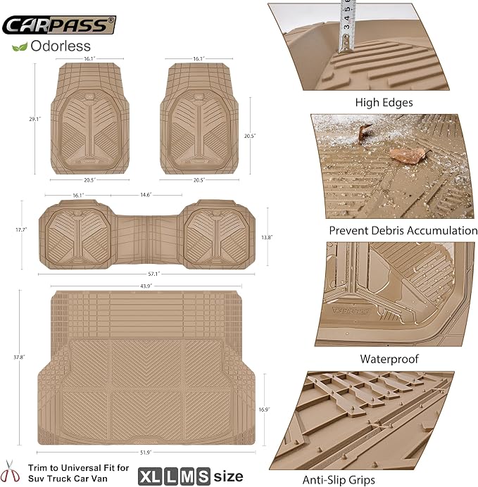 CAR PASS Heavy Duty Rubber Car Mats with Cargo Liner, Deep-Dish Car Floor Mats and Trunk Mat All Weather, Universal Trim-to-Fit for SUVs Trucks Sedans, Waterproof Anti-Slip, Trimmable V12 Beige - Image 5