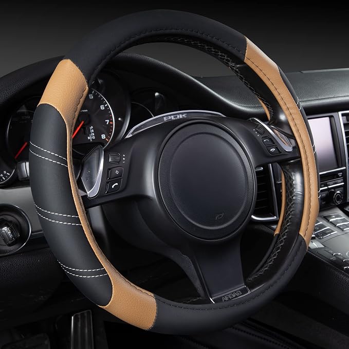 CAR PASS Line Rider Microfiber Leather Sporty 14.5-15 inch Steering Wheel Cover Universal Fits for 95% Truck,SUV,Cars, Anti-Slip Safety Comfortable Design (Black Beige) by CARPASS