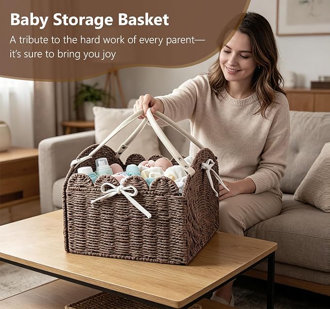 Diaper Caddy Foldable Collapsible Storage Basket Textured Woven Nursery Organizer with Removable Divider Portable for Changing Table Car Travel Baby Registry Essentials (Brown) - Image 6