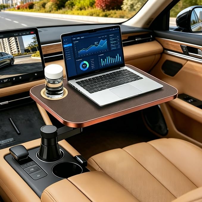 Car Tray & Desk for Laptop, Dual 360° Rotating, Anti-Slip Leather Surface, Steering Wheel Tray, Car Accessories- Compatible with Tesla Model Y/3/S, Ford F150/Explorer/Most Vehicles (Brown) by Unknown