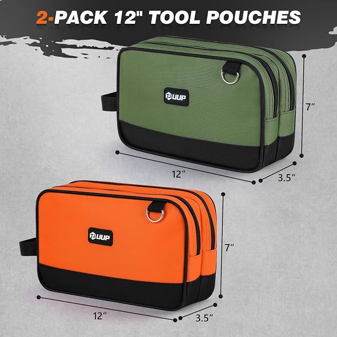 12" Tool Bag Small 2-Pack, Divider Zipper Pouch, Carry Tool Box Organizer | Waterproof, Heavy-duty Oxford, Smooth Zipper, Handle & D-Ring, Storage Case for Car Work Tool. Electrician Gift, Orange/Green - Image 3