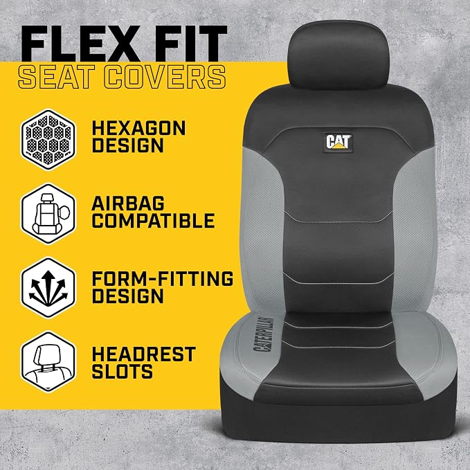 CAT Black & Gray Car Seat Covers Full Set - Front Seat Covers & Rear Bench Seat Cover - Airbag Compatible, 60/40 Split Bench for Mid-Size Trucks & SUVs - Automotive Interior Seat Accessories - Image 4