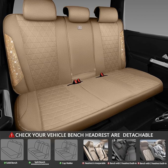 CAR PASS Beige Oxford Bling Diamond Car Seat Covers Full Set Interior Sets, Waterproof Shining Glitter Sparkly Crystal Universal Armrest Fit 95% Automotive Truck SUV Cute Women Girl, Beige Rhinestone - Image 7