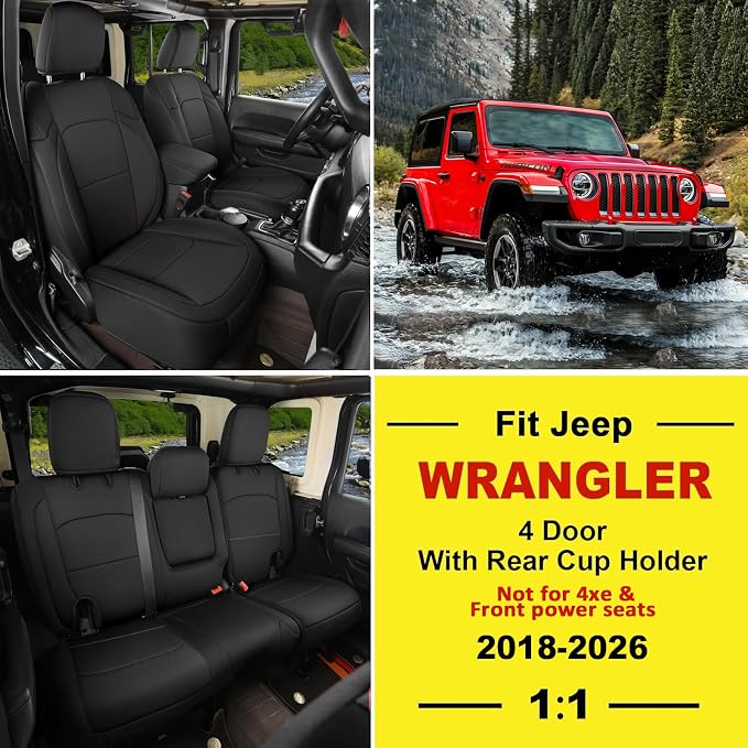 GIANT PANDA Neoprene Seat Covers for Jeep Wrangler JL 4-Door (2018-2026), Neoprene Waterproof Seat Covers W Armrest Cover, Foam Padded for Full Set (Black) - Image 2
